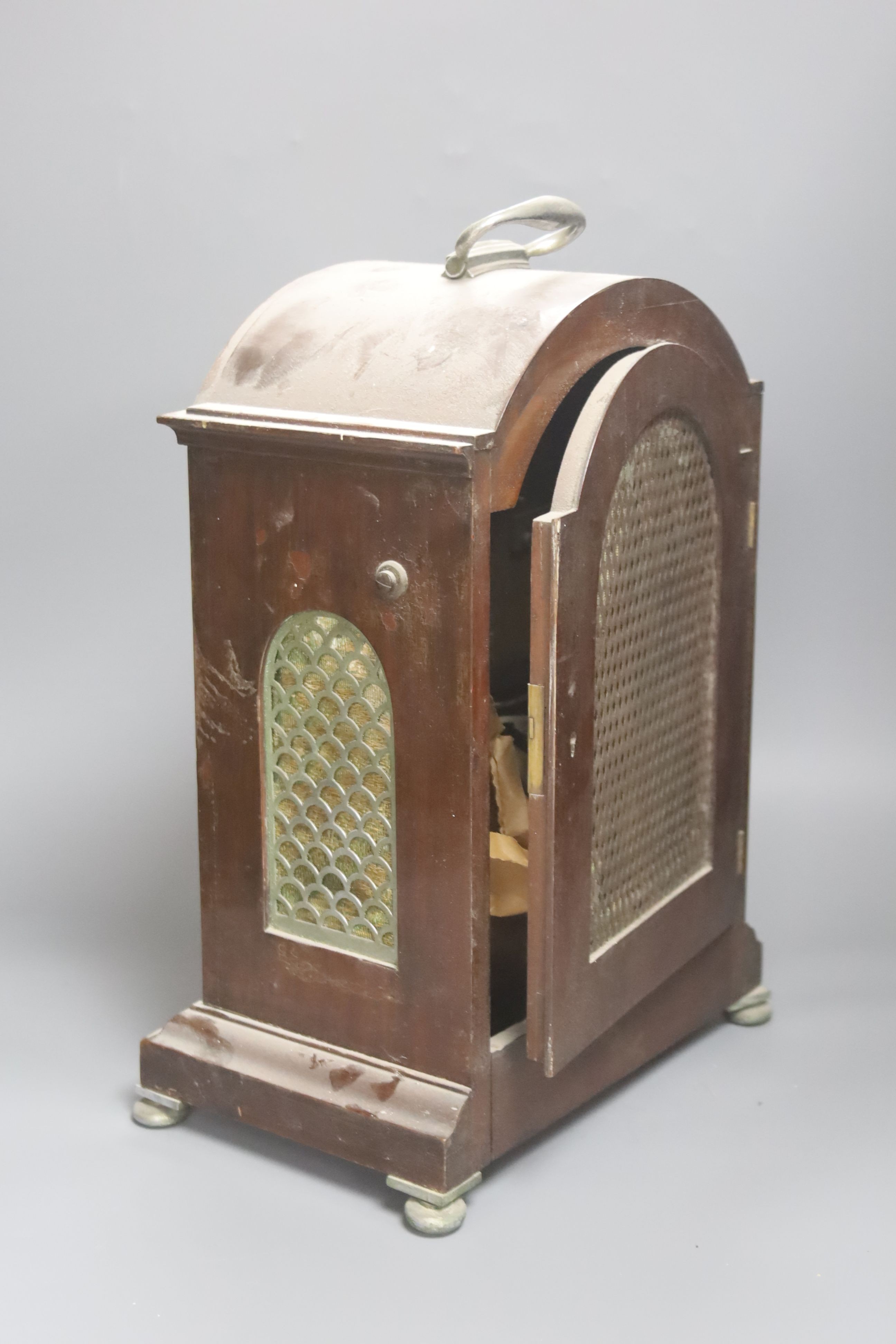 An early 20th century mahogany bracket timepiece, the single fusee movement stamped H Bannister & Son London 37cm